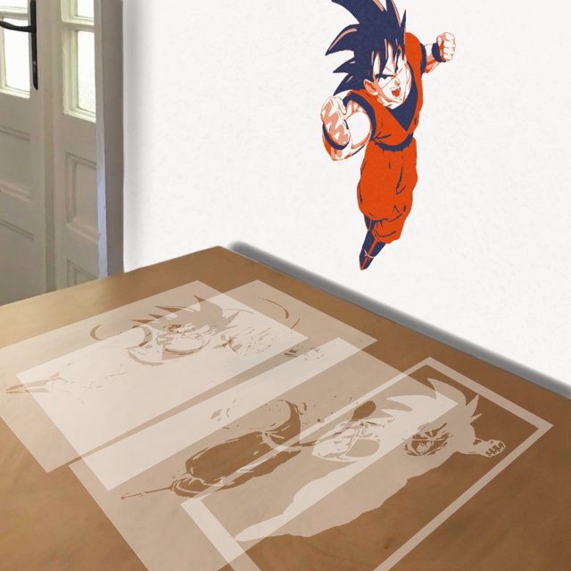 Goku stencil in 4 layers, simulated painting