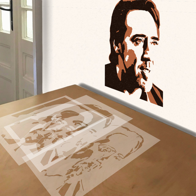 Nicholas Cage stencil in 3 layers, simulated painting