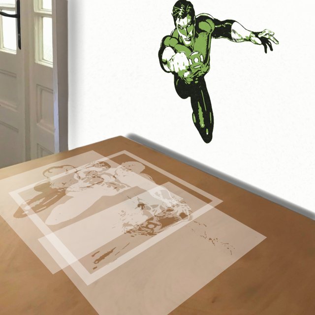 Green Lantern stencil in 3 layers, simulated painting