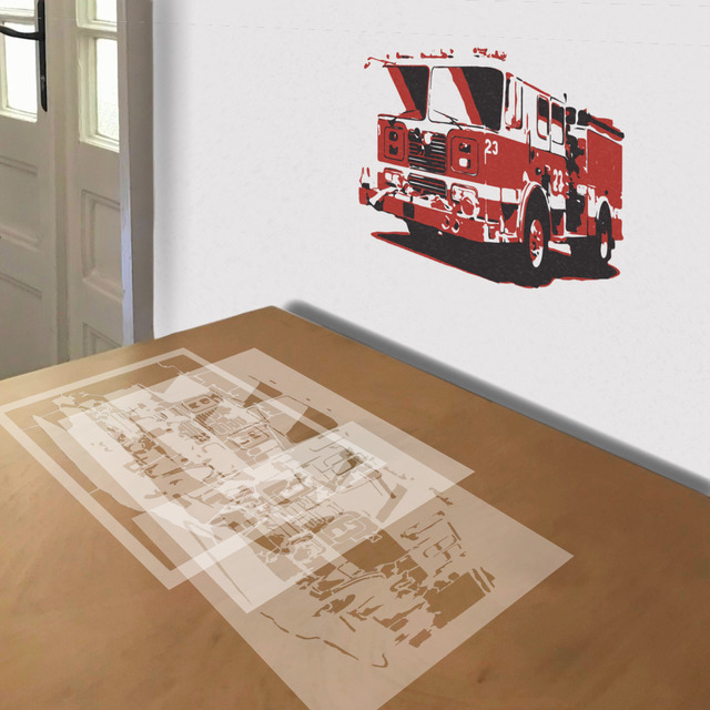 Fire Truck No. 23 stencil in 3 layers, simulated painting