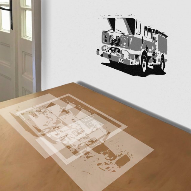 Fire Truck No. 23 stencil in 3 layers, simulated painting