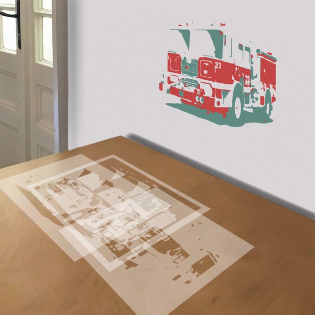 Fire Truck No. 23 stencil in 3 layers, simulated painting