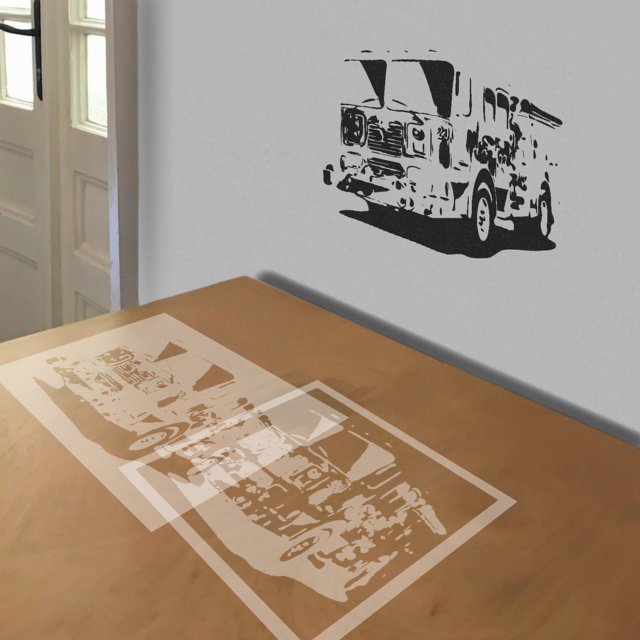 Fire Truck No. 23 stencil in 2 layers, simulated painting