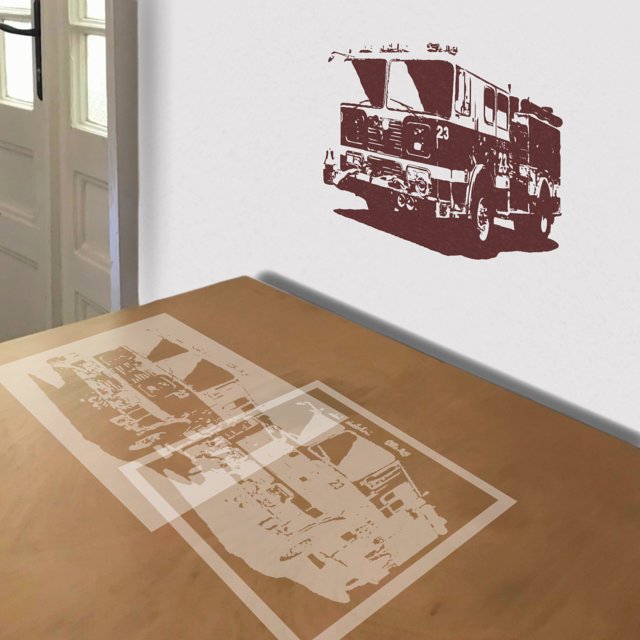 Fire Truck No. 23 stencil in 2 layers, simulated painting