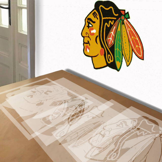 Chicago Blackhawks stencil in 5 layers, simulated painting