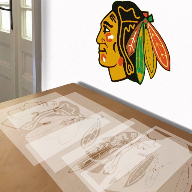 Chicago Blackhawks stencil in 5 layers, simulated painting