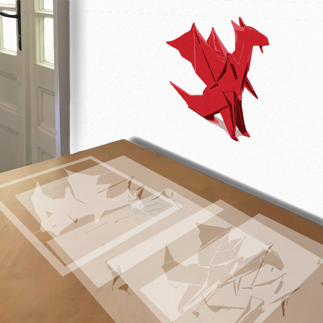 Simulated painting of stencil of Origami Dragon