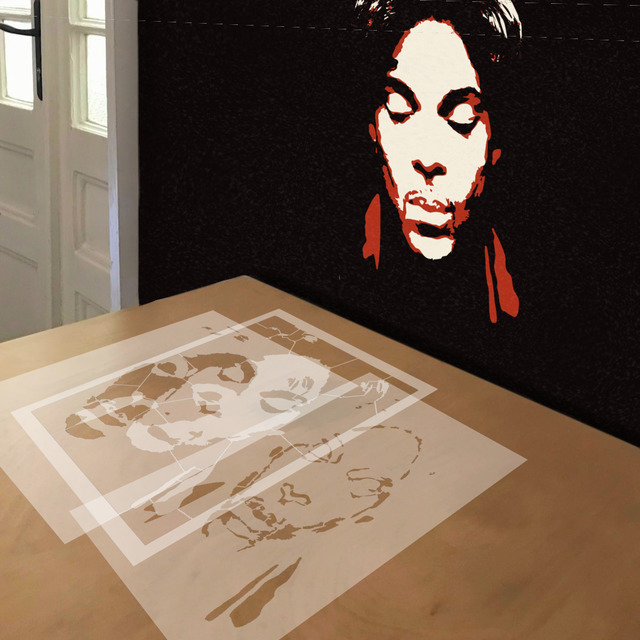 Prince with Eyes Closed stencil in 3 layers, simulated painting