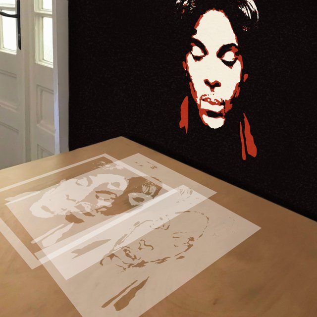 Prince with Eyes Closed stencil in 3 layers, simulated painting