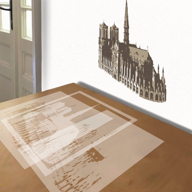 Notre Dame Cathedral stencil in 3 layers, simulated painting