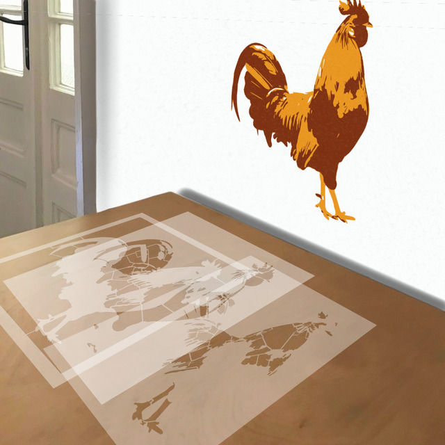 Rooster stencil in 3 layers, simulated painting