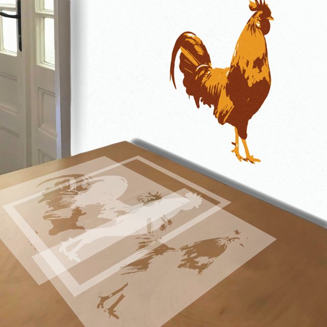 Rooster stencil in 3 layers, simulated painting