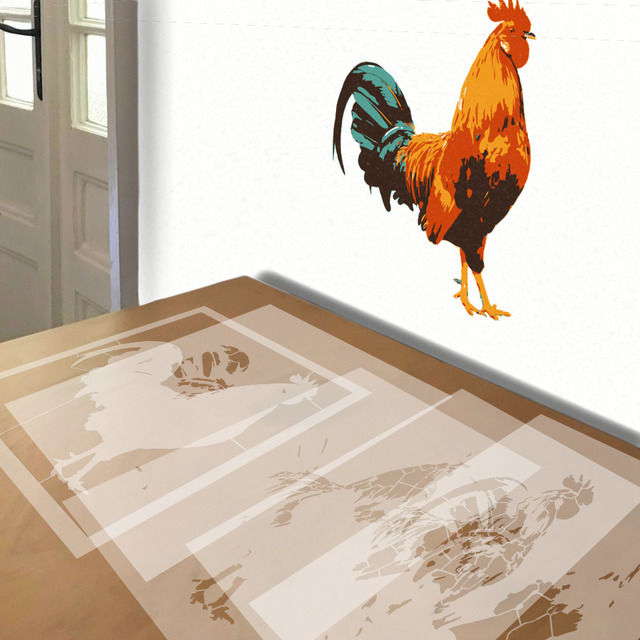 Rooster stencil in 5 layers, simulated painting