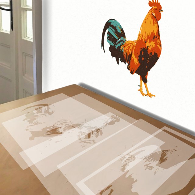 Rooster stencil in 5 layers, simulated painting