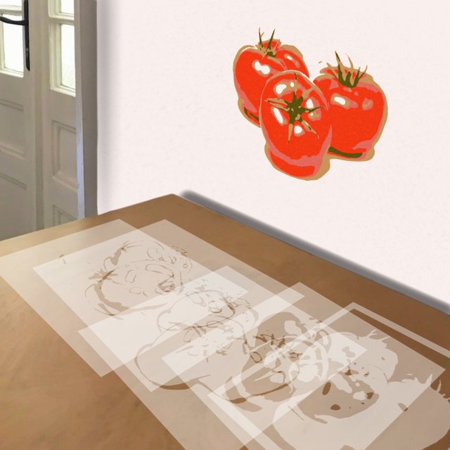 Tomatoes stencil in 5 layers, simulated painting