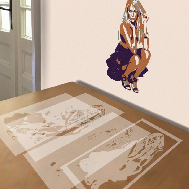 Seated Woman stencil in 4 layers, simulated painting