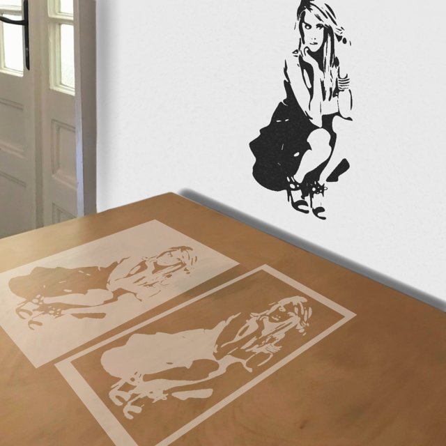 Seated Woman stencil in 2 layers, simulated painting