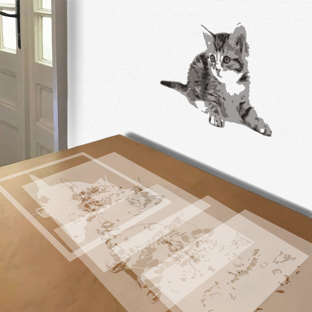Kitten Playing stencil in 5 layers, simulated painting