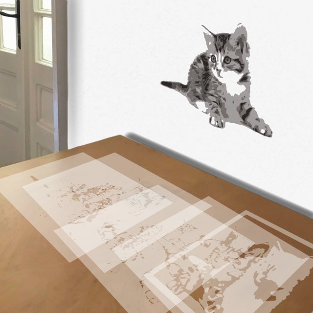 Kitten Playing stencil in 5 layers, simulated painting