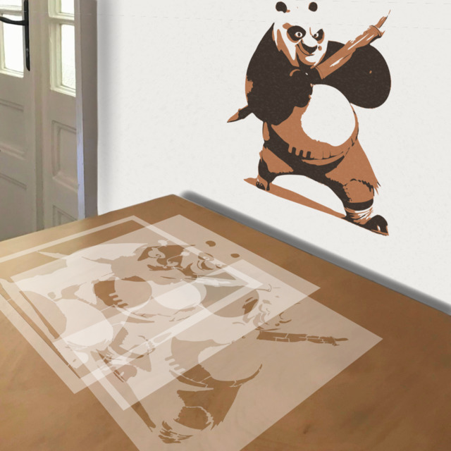 Kung Fu Panda stencil in 3 layers, simulated painting