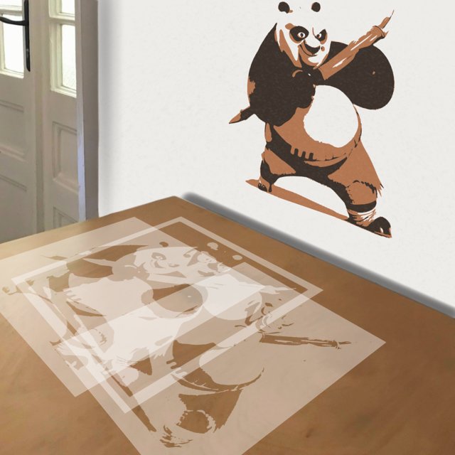 Kung Fu Panda stencil in 3 layers, simulated painting