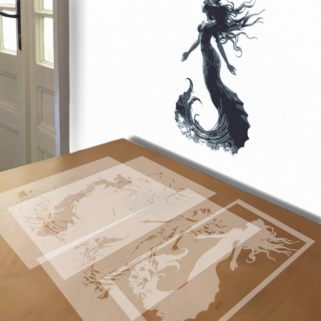 Mermaid stencil in 4 layers, simulated painting