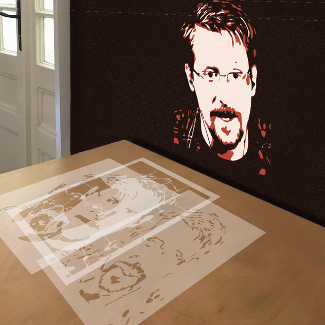 Edward Snowden stencil in 3 layers, simulated painting