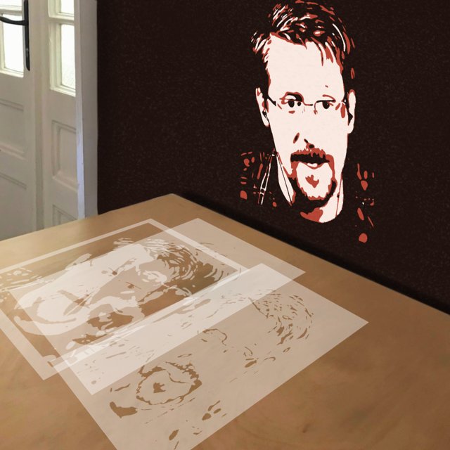 Edward Snowden stencil in 3 layers, simulated painting