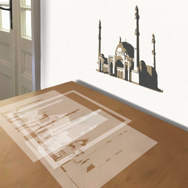 Mosque stencil in 3 layers, simulated painting