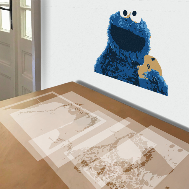 Cookie Monster stencil in 5 layers, simulated painting