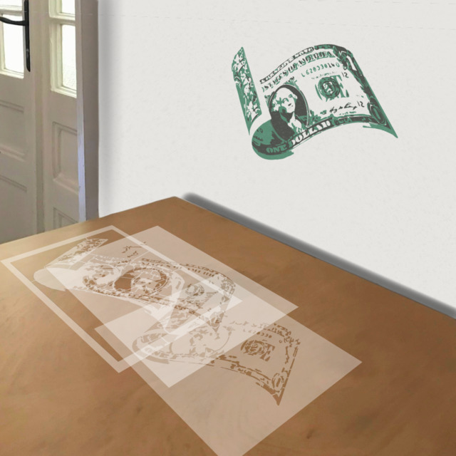 Rolled One Dollar Bill stencil in 3 layers, simulated painting