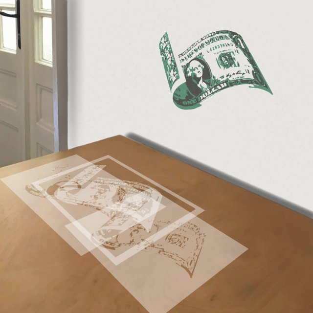 Rolled One Dollar Bill stencil in 3 layers, simulated painting