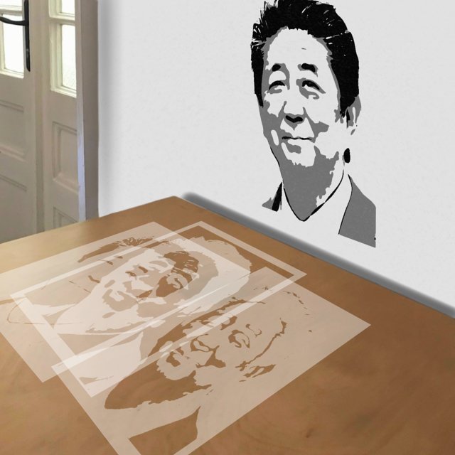 Shinzo Abe stencil in 3 layers, simulated painting