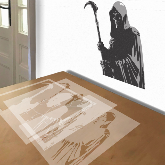 Grim Reaper stencil in 3 layers, simulated painting
