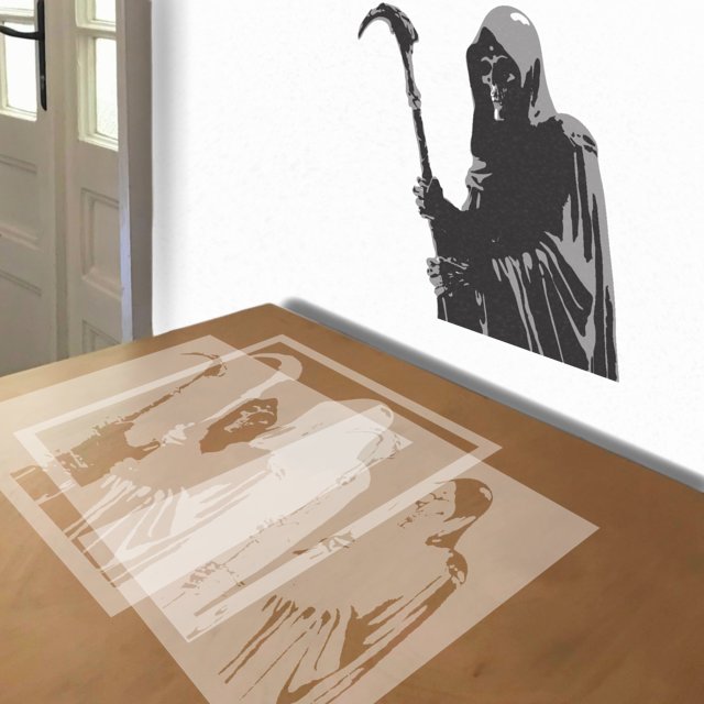 Grim Reaper stencil in 3 layers, simulated painting