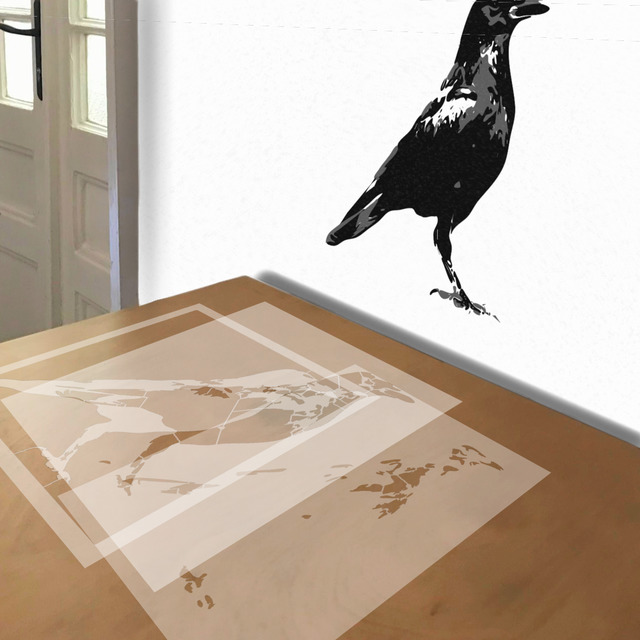 Crow stencil in 3 layers, simulated painting