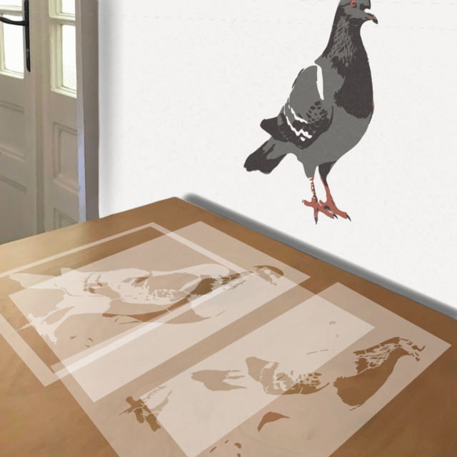 Pigeon stencil in 4 layers, simulated painting