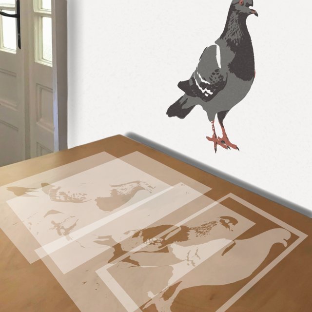 Pigeon stencil in 4 layers, simulated painting