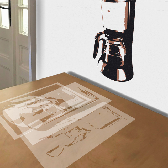 Coffee Maker stencil in 3 layers, simulated painting