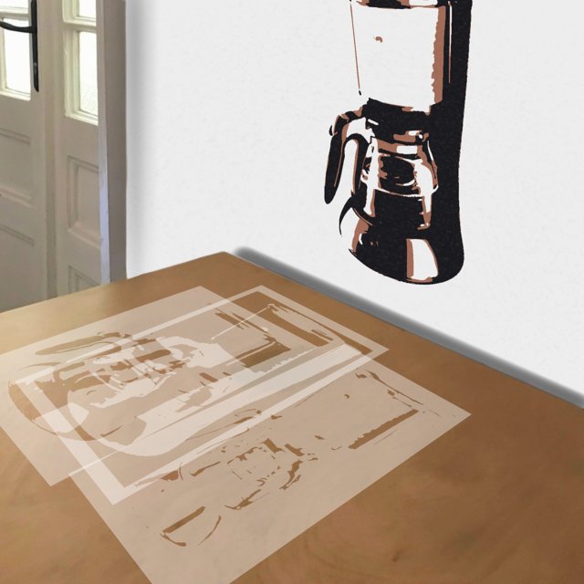 Coffee Maker stencil in 3 layers, simulated painting