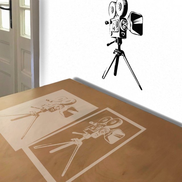 Movie Camera stencil in 4 layers, simulated painting