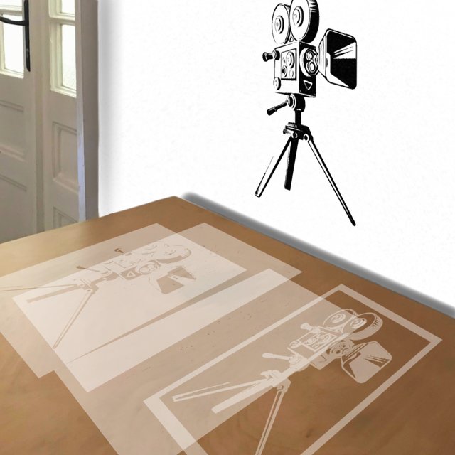 Movie Camera stencil in 5 layers, simulated painting