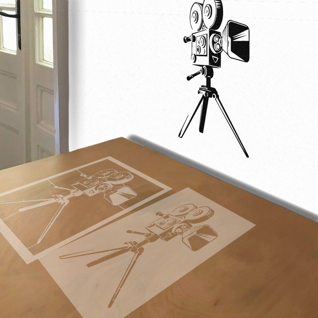 Movie Camera stencil in 2 layers, simulated painting