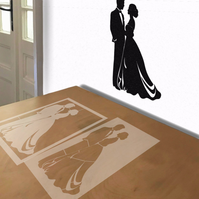 Bride and Groom Silhouette stencil in 2 layers, simulated painting