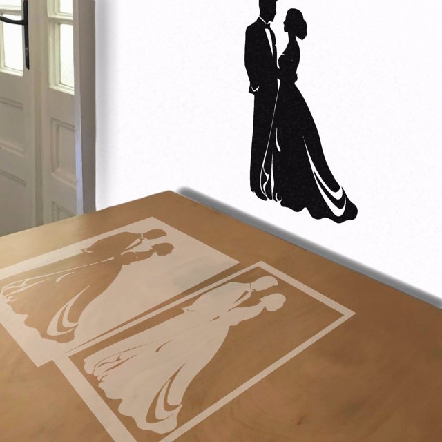 Bride and Groom Silhouette stencil in 2 layers, simulated painting