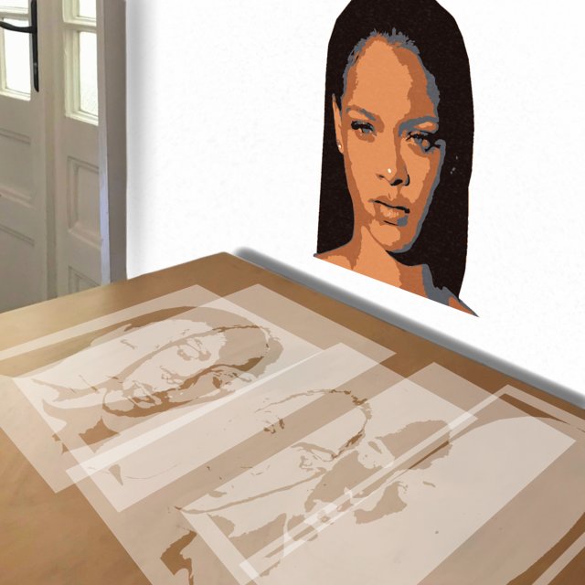 Rihanna stencil in 5 layers, simulated painting