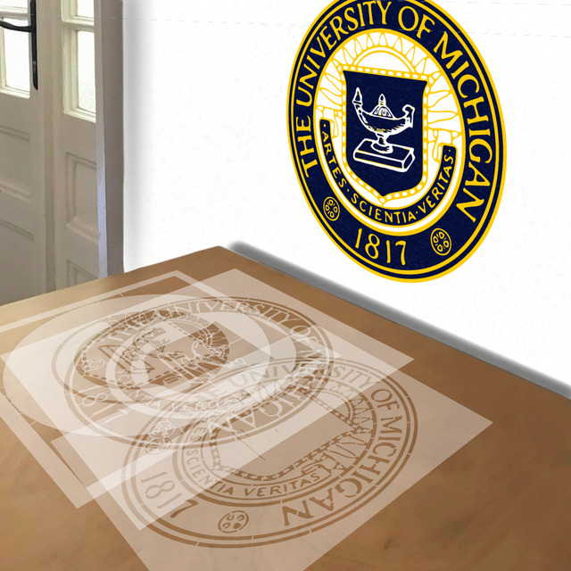 University of Michigan Seal stencil in 3 layers, simulated painting