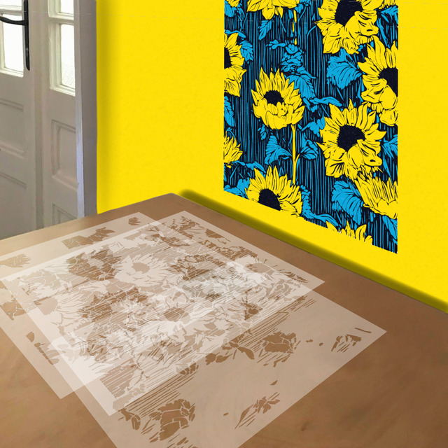 Sunflowers stencil in 3 layers, simulated painting