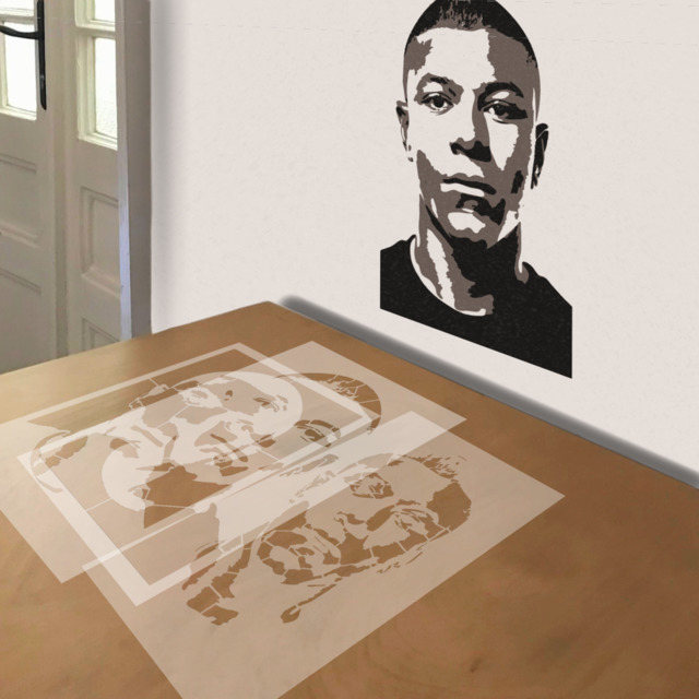 Kylian Mbappé stencil in 3 layers, simulated painting