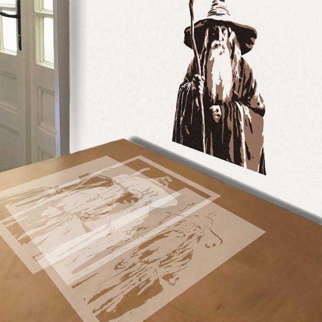 Gandalf stencil in 3 layers, simulated painting